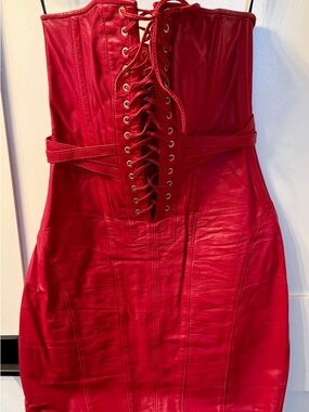 Ladies' Lace Up RED Leather Corset Strapless Dress